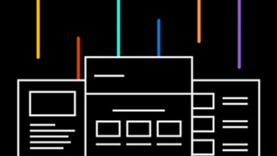 News paper articles icons and multi-colored lines on a balck background