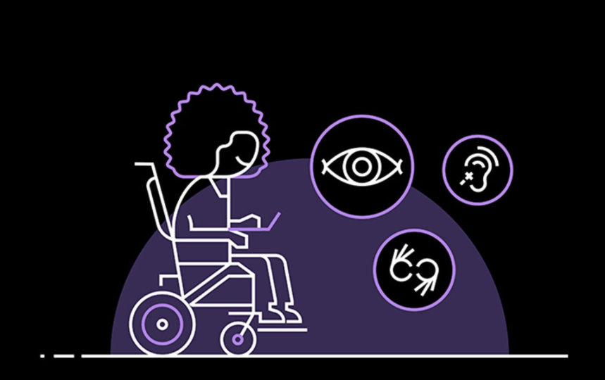 White black & purple illustration of a person in wheelchair with eye, ear and hand
