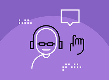 Black, white and purple illustration of person with headphones reading braille