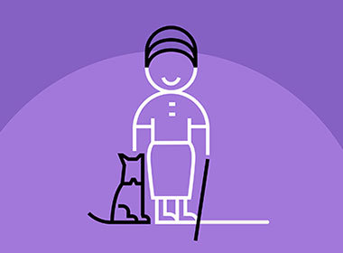 Black, white and purple illustration of a woman with walking stick and cat