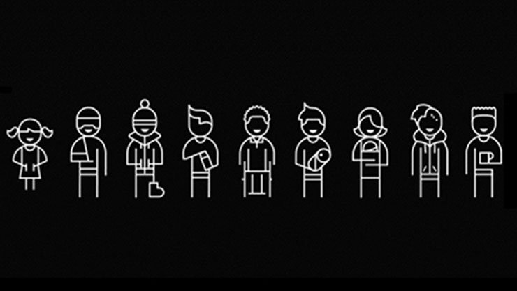 Black background with white illustrations of people