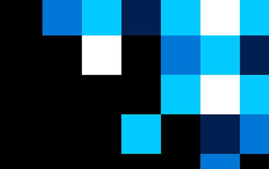White, dark blue and light blue square shaped graphics on a black background
