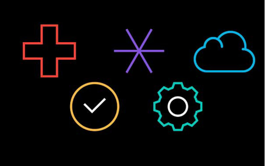 Red plus, purple asterisk, blue cloud,yellow checkmark and green gear icons on a black background