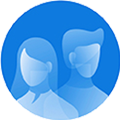 Icon of a woman and a man facing opposite sides in a blue circle