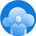 Icon of a cloud and a person inside a blue circle