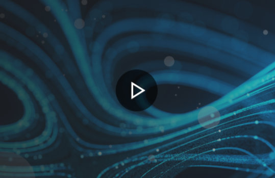 Illustration of a neon blue folds pattern on a dark background and a play button in the middle