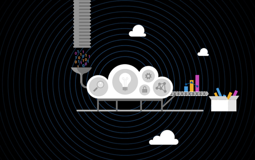 graphic of the cloud with information going in one end and coming out as informative data