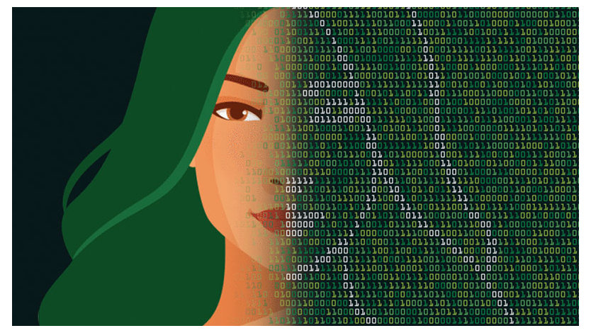Illustration of woman's face on the left side and binary code on right side