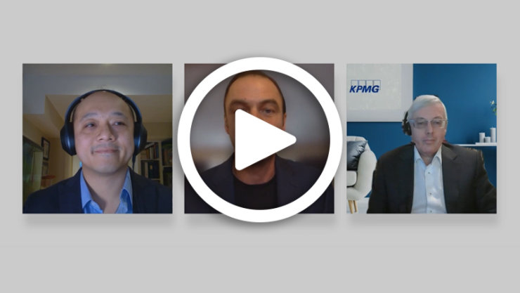 A play button over headshots of three speakers of Cloud Digital Series: How Canadian Health Providers Balance Innovation with Cybersecurity and Compliance