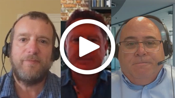 A play button over headshots of three speakers of Cloud Digital Series: An Interview with Dr. Chris Simpson: How some Canadian Hospitals are Tacking Backlogged Surgical Waitlists