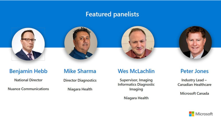 Illustration showing the four speakers of the 'Niagara Health’s Journey to Reduce Radiology Burnout with AI-Powered Reporting' webinar