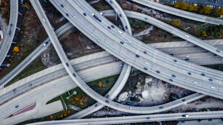 Aerial view of freeway interchange in downtown Singapore.