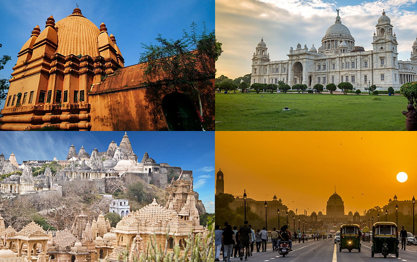 collage of Devi Dol Durga temple in Sivasagar district, Assam, Victoria Memorial, Kolkata, group of temples at Panch Dwarka, Gujarat, Rashtrapati Bhawan, New Delhi