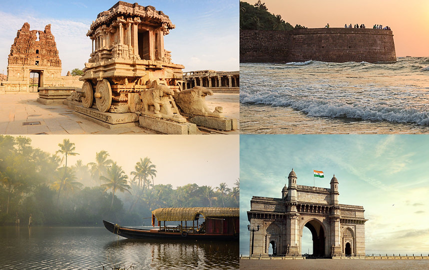 collage of stone chariot at Hampi, Karnataka, People enjoying sunset from the Aguada Fort in Goa, a boat sailing through the backwaters of Kerala, Gateway of India in Mumbai