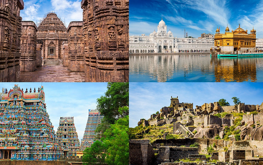 collage of Konark Sun temple in Orissa, Golden Temple at Amritsar, Punjab, Sri Ranganathaswamy Temple in Srirangam, Tamil Nadu, Golconda Fort near Hyderabad, Telangana