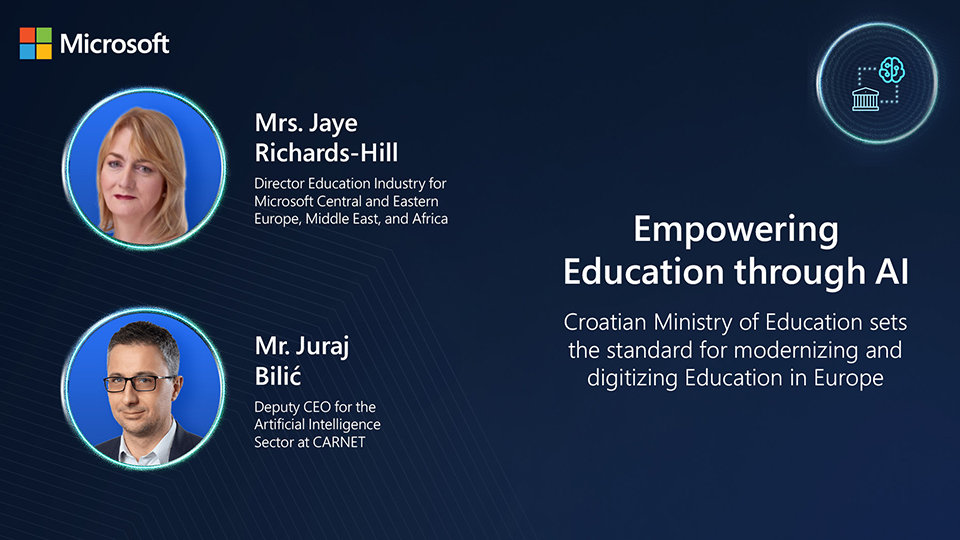 An image with the pictures and titles of the 2 speakers of the Microsoft named Mrs. Jaye Richards-Hill and Mr. Juraj Bilic