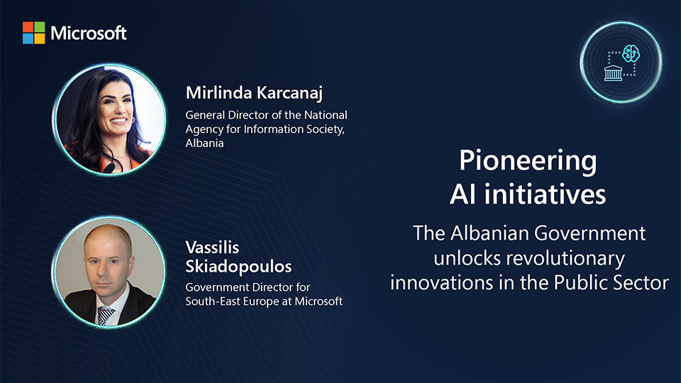 an image with the pictures and titles of the 2 speakers of the Microsoft video named Pioneering AI initiatives: The Albanian Government