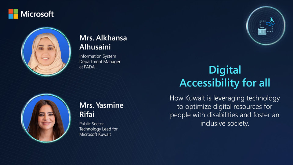 An image with the pictures and titles of the 2 speakers of the Microsoft named Mrs. Alkhansa Alhusaini and Mrs. Yasmine Rifai