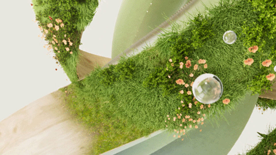 green grass with pink flowers and bubbles