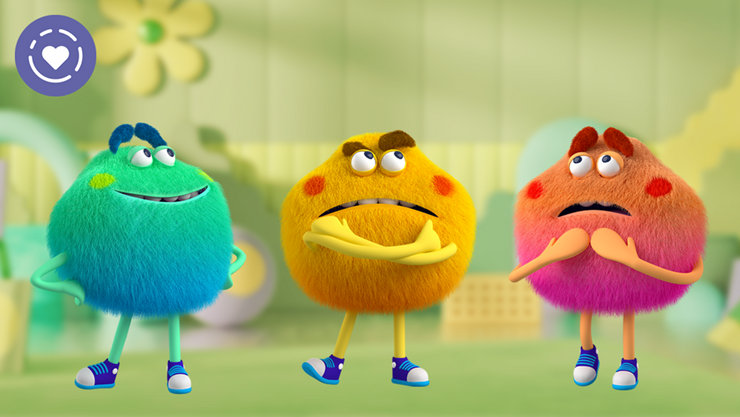 Image of a blue, yellow and red fuzzy cartoon feelings monsters