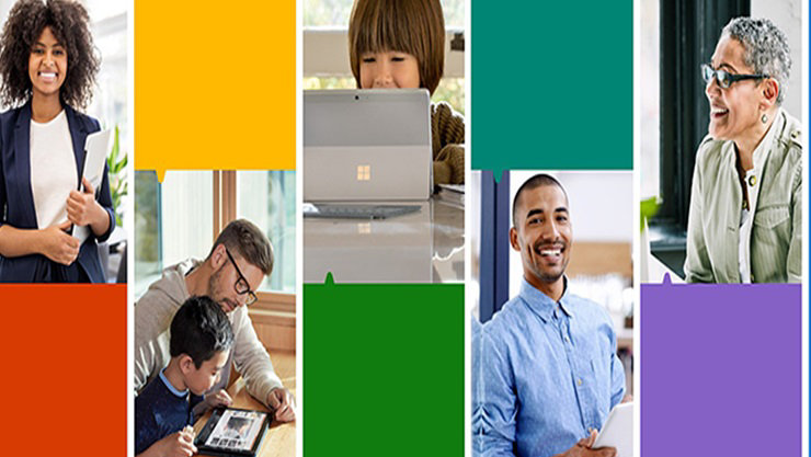 a collage with images of a woman holding a surface book, a man with a child going through a demo on tablet, a child using a surface book, a man smiling and a woman laughing 