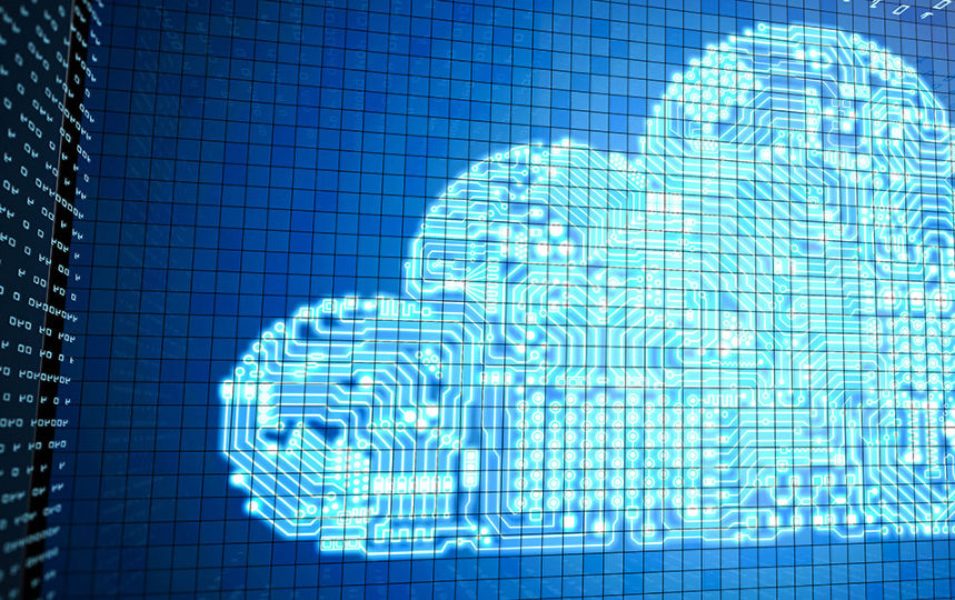 Graphic of a pixellated cloud made up of circiutry amid a background of 1s and 0s.