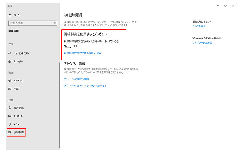 Windowsの視線制御設定画面　視線制御と視線制御を使用する（プレビュー）が赤枠で囲まれている