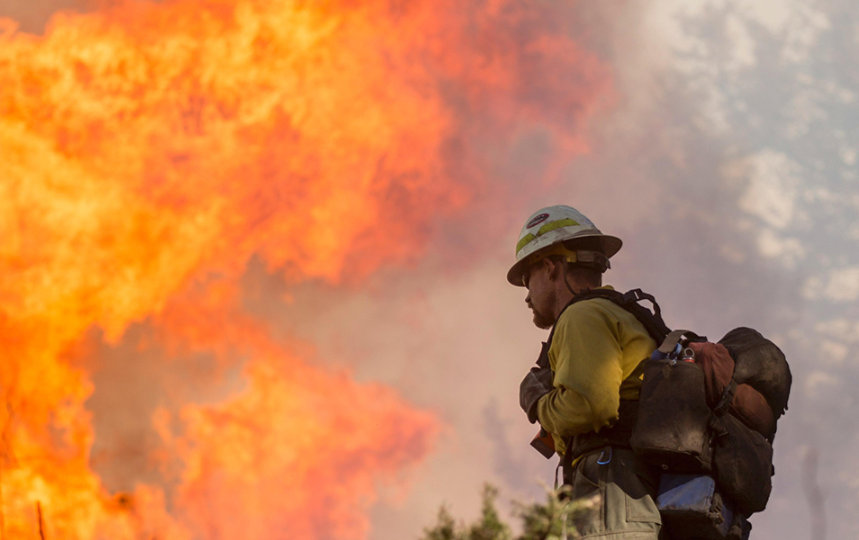 Firefighter in full gear walks towards a raging forest fire