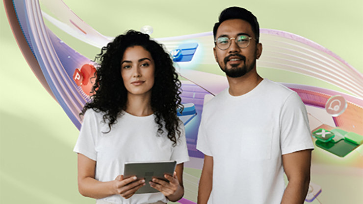 Une femme avec une tablette et un homme portant des t‑shirts blancs se tiennent devant un arrière‑plan abstrait composé d’icônes d’applications colorées.