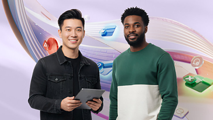 Deux hommes, dont l’un tient une tablette, sourient devant un arrière‑plan abstrait aux icônes d’applications colorées.