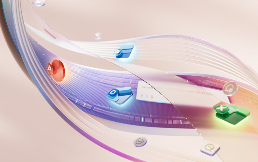 Représentation abstraite des icônes Microsoft Office, telles que PowerPoint, Outlook et Excel, sur un fond ondulé rose et violet.