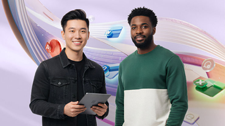 Zwei Männer, einer davon mit Tablet, lächeln vor einem abstrakten Hintergrund mit farbigen App‑Symbolen.