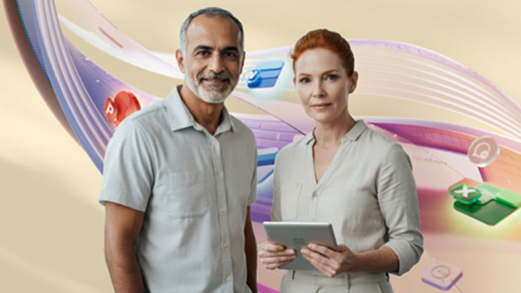 Ein Mann und eine Frau mit Tablet stehen vor einem abstrakten Hintergrund mit App‑Symbolen.