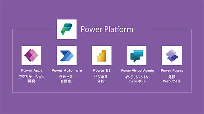 Power Platform (Power Apps (アプリケーション開発)・Power Automate (プロセス自動化)・Power BI (ビジネス分析)・Power Virtual Agents (インテリジェントなチャットボット)・Power Pages (外部 Web サイト))
