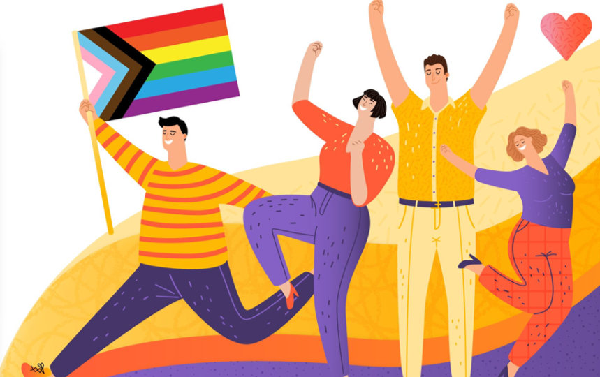 Illustration of four people walking in a parade with a LGBTIQIA+ flag
