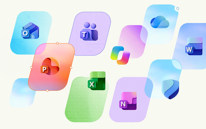 Word, Excel, PowerPoint, Outlook, Microsoft Defender, OneDrive, Teams, Copilot のアプリ アイコン