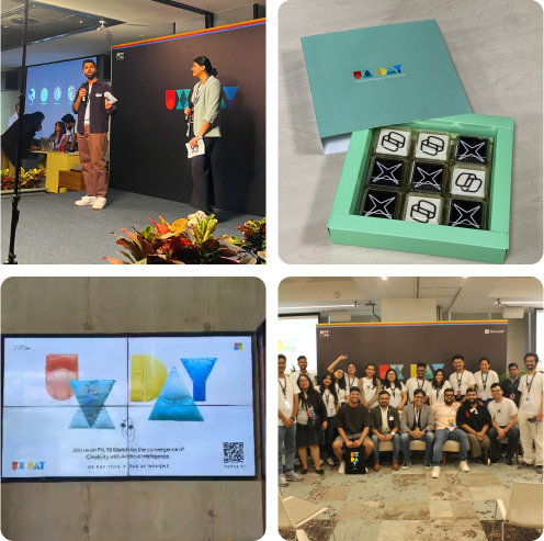 Speakers, branded chocolates, and event collage.
