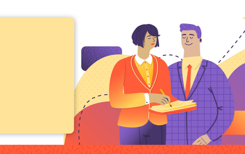 Illustration of two business people, one writing in a notebook, next to a large blank text box with a paper airplane above.