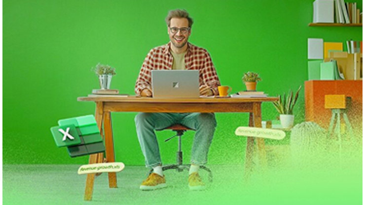 Ein Mann an einem Schreibtisch mit Laptop vor einem grünen Hintergrund. Links neben ihm schwebt das Microsoft Excel Logo.