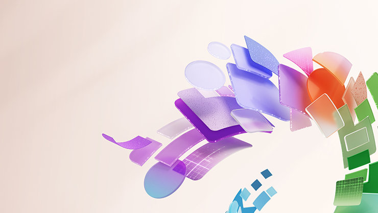 Abstrakte 3D-Illustration mit schwebenden, halbtransparenten und violetten geometrischen Formen auf hellem Hintergrund.