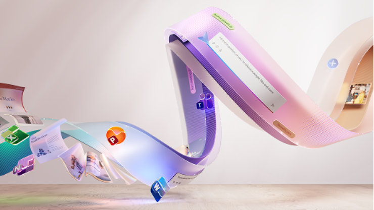 Abstrakte, geschwungene Bänder in Rosa-, Lila- und Beigetönen mit digitalen Interface-Elementen, darunter ein Microsoft Teams-Logo, ein Plus-Symbol, Textfelder und ein kleines Bildausschnitt mit Personen. Das Design vermittelt ein modernes, dynamisches, technologieorientiertes Konzept.