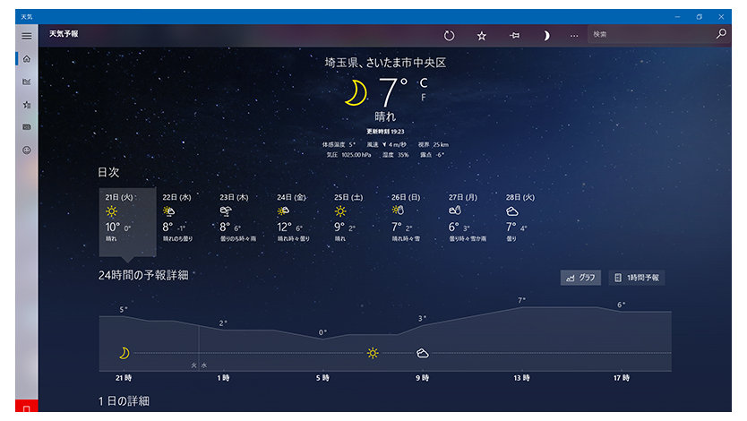 Windows 10 標準搭載アプリ「天気」を示す画面