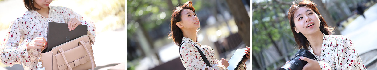 飯田智有里がノートパソコンで作業し、写真を撮るコラージュ