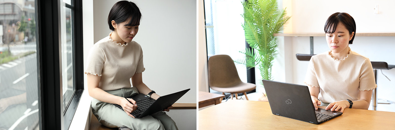 内田康穂が窓際とテーブルの上でノートパソコンで作業している2つのフレーム