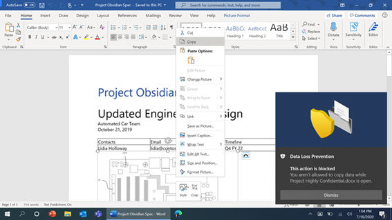 図 2: Word 文書から機密データをコピーしないようユーザーに警告