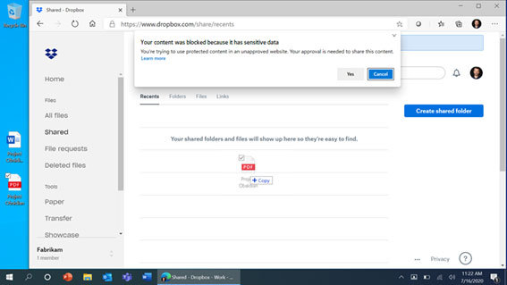 図 3: 機密データの含まれるファイルをクラウド ファイル サービスにコピーしないよう Microsoft Edge でユーザーに警告