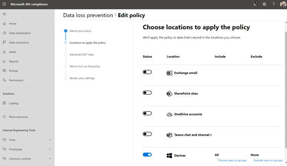 図 1: Microsoft 365 全体のデータ損失防止ポリシーを Microsoft 365 コンプライアンス センターから一元管理できます。