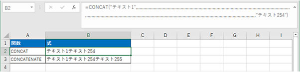 例では、CONCAT 関数と CONCATENATE 関数を B 列にそれぞれ入力し、1 番目、254 番目、255 番目にそれぞれ引数として「テキスト 1」のように値を入力しています。