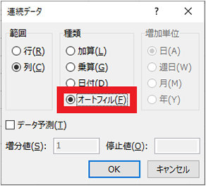 連続データのダイアログの「種類」の「オートフィル」