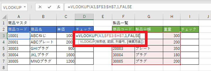 商品マスタのチェックの 1 番上のセルに VLOOKUP 関数を入力